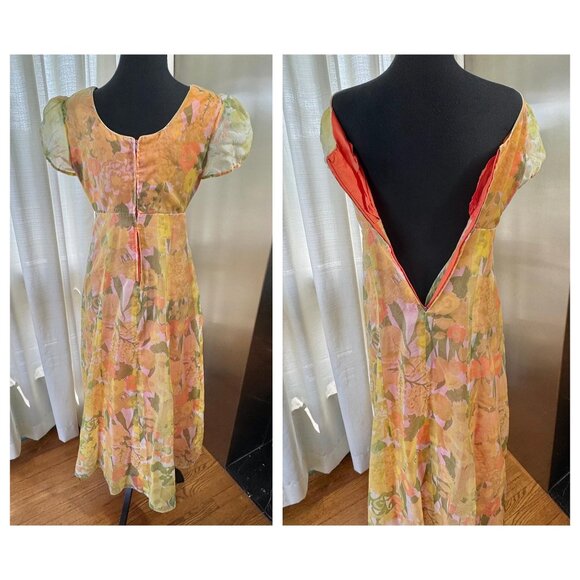 Vintage 1970s maxi dress, orange green pink floral, sheer short puff sleeves - Picture 7 of 10